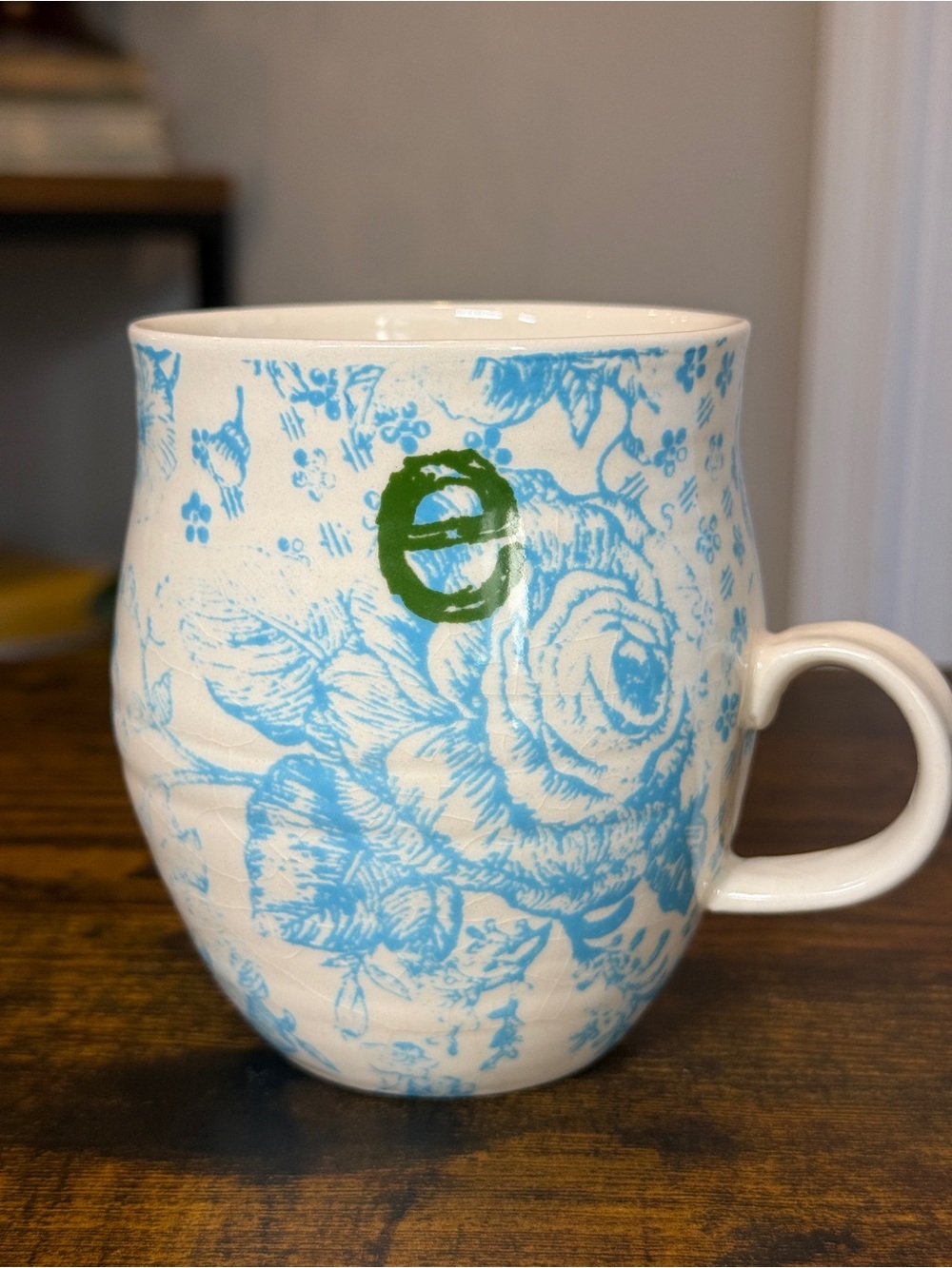 Anthropologie Initial “E” Mug Blue Bird Floral Toile Green Monogram Coffee Cup